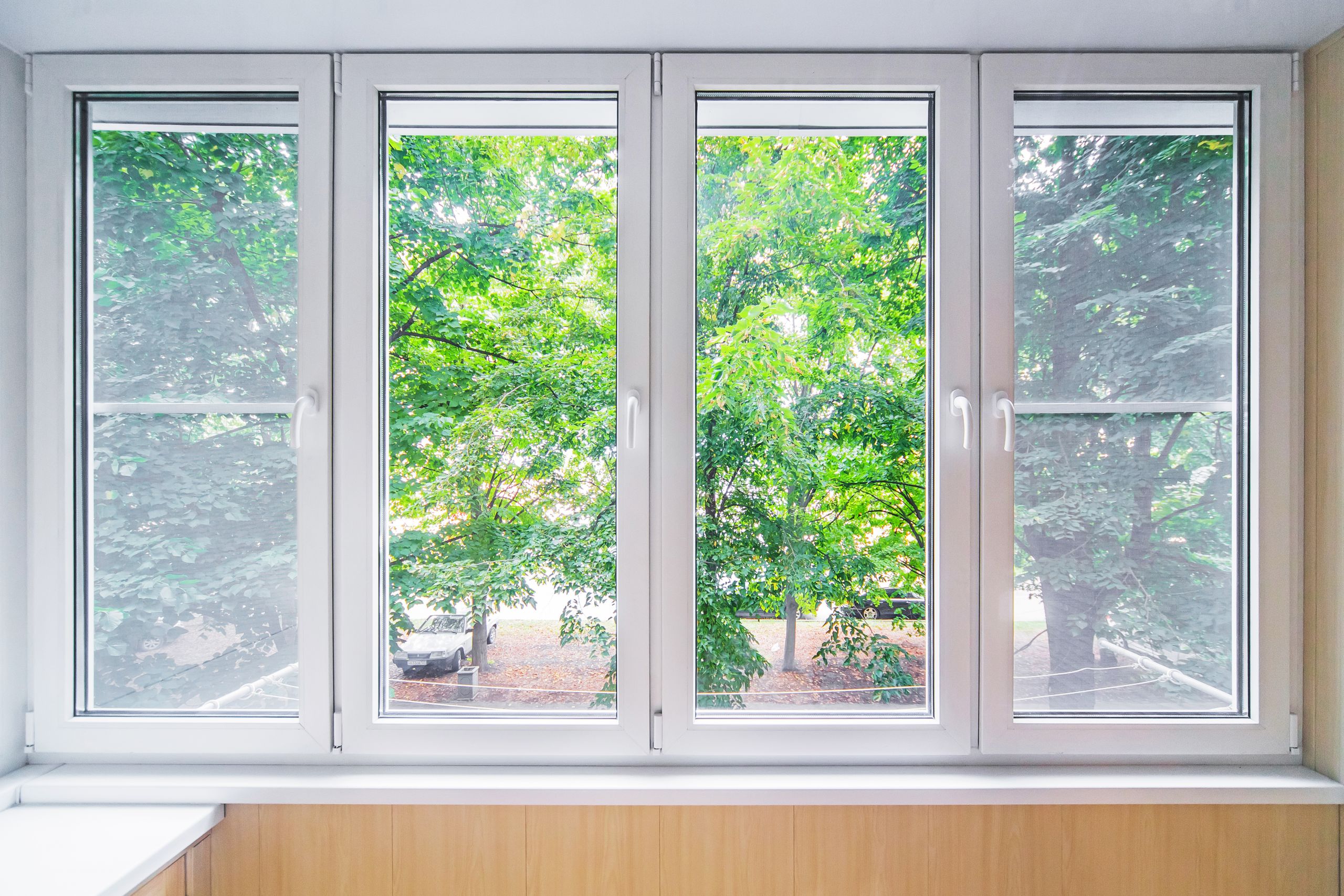 Commercial white vinyl windows overlooking green trees and parking lot